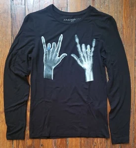 Jonathan Cohen Graphic Tee LS Stretchy Shirt Black Skeleton Hands Bling $200 M - Picture 1 of 3