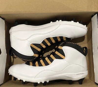 12码耐克Air Jordan 10 TD Mid橄榄球鞋白色金属金色CQ2073-107 — 第 1/4 张图片