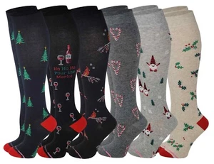 Dr. Motion Damen 6 Paar Neuheit kniehohe Kompressionssocken Weihnachtsdruck - Bild 1 von 7
