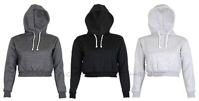 Womens Plain Cropped Hoodie Ladies Pullover Sweatshirt Top Size 8-14 • 9.69€