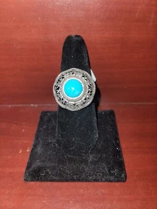 Round Sterling Silver Turquoise Inlay Ring 925 Sz 9 - Picture 1 of 5