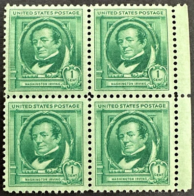 US 1940 Scott# 859 Block of 4 MNH OG Famous Author Washington Irving - Image 1 of 2