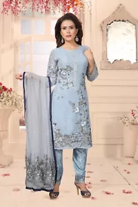 Bollywoood Designer Latest Wedding Snow Blue Kurti Palazzo Fully Stitched Set - Picture 1 of 4