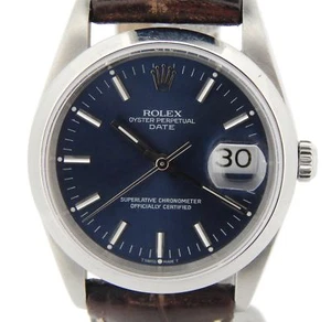 Men Rolex Date Stainless Steel Watch Quickset Brown Leather Band Blue Dial 15200 - Picture 1 of 8