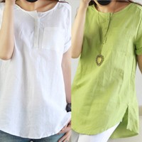 Women Ladies Short Sleeve Blouse T Shirt Summer Loose Casual Linen Cotton Top CH