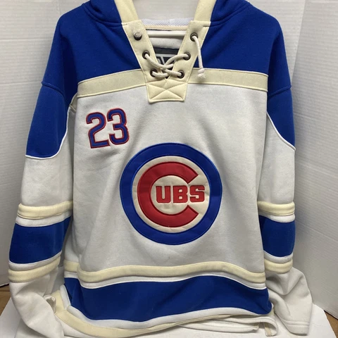 VINTAGE Chicago Cubs Mens Sweater Large Blue Red Hoodie Fleece Ryan Sandburg Cover