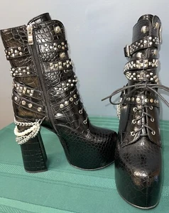 Azalea Wang Black Crocodile Boots, size 10 Studs Chains Platform Pearls - Picture 1 of 11