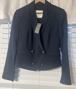 NWT Abercrombie & Fitch stretch crop double breasted notch collar navy blazer - Picture 1 of 7
