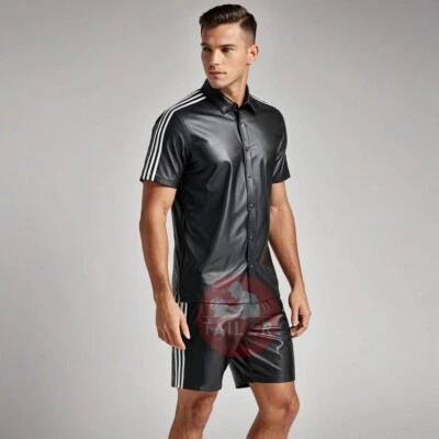 МУЖСКАЯ ЧЕРНАЯ КОЖАНАЯ РУБАШКА ИЗ ОВЧИНЫ И ШОРТЫ С ПОЛОСКАМИ КОМПЛЕКТ ДЛЯ ПРОГУЛОК ЛЕТО - Изображение 1 из 2