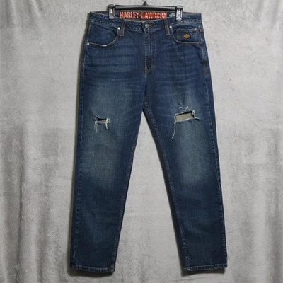 Calça jeans masculina Harley Davidson 35x32 azul desgastada perna reta - Imagem 1 de 4