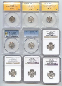Collection of 9 Mercury Dime Mint Error,1920-1945,Off Center,Clip,Broadstruck - Picture 1 of 3