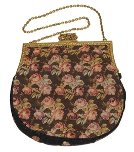 40's Vintage Small Floral Jacquard Textile & Brass Clutch Handbag 6x6 - Picture 1 of 16