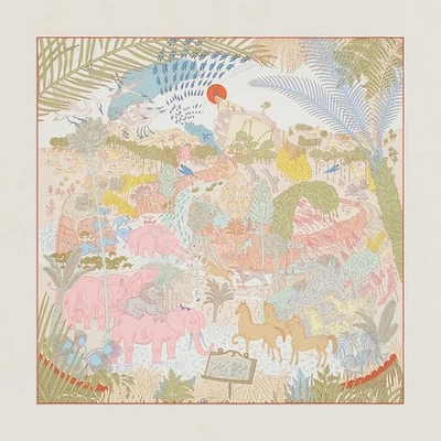 Hermes Bufanda Estola Carnaval des Animaux Perla Azul Rosa Beige Seda Auténtico Carre 90 Foto 1 de 4