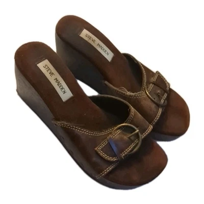 Steve Madden сверла дерева на танкетке кожи открытый надевающийся сандалии платформе пряжка 7B - Изображение 1 из 4