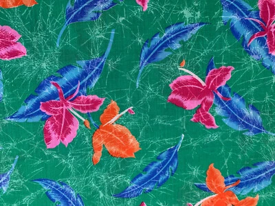 Vintage 1970's Cotton Fabric Hawaiian Green Floral Sheer  44" X 72" - Image 1 of 3