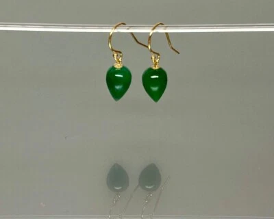 100% Natural Green Jade Teardrop 925 Sterling Silver Gold Plated Dangle Earring - Image 1 of 4