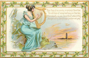 Trébol postal del día de San Patricio Tuck en relieve serie 172 mujer toca arpa - Imagen 1 de 2