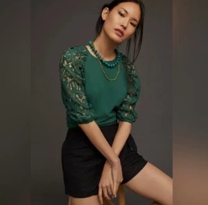 DOLAN LACE-SLEEVE “SWEATSHIRT” Top Blouse Anthropologie Dark green Size XL - Picture 1 of 13