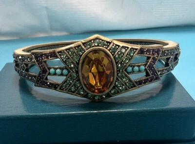Brazalete con bisagras de latón turquesa verde ámbar púrpura firmado vintage Heidi Daus La Foto 1 de 4