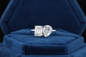 Toi Et Moi Two Stone Sterling Silver Pear & Emerald Cut Moissanite Ring For Her - Picture 1 of 5