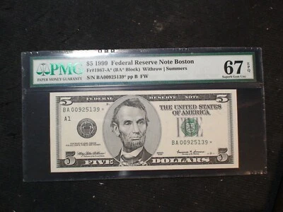 1999 Five Dollar PMG SUPERB GEM UNC 67 EPQ BOSTON DISTRICT STAR NOTE $5 Bill! - Image 1 of 4