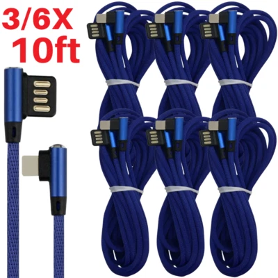 3X 90 Degree Elbow Fast USB Charger Cable 10FT For iPhone 11 8 7 X Charging Cord - Image 1 of 4