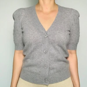 C by Bloomingdale's Cashmere V Neck Puff Sleeve Button Front Sweater Size M - Picture 1 of 4