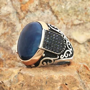 Solid 925 Sterling Silver Blue Tiger's Eye Micro Black Zircon Stone Men's Ring - Picture 1 of 5