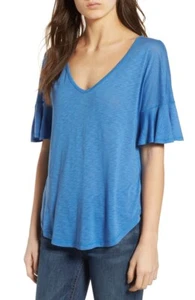 Splendid 171658 Womens Cotton Blend V-Neck Ruffle Sleeve Tee Blue Size Small - Picture 1 of 2