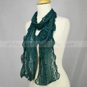 Lace Scarf Wave Curly Fringe Embroidery Sewed On Flower Tassel Sheer Solid Color - Picture 1 of 12