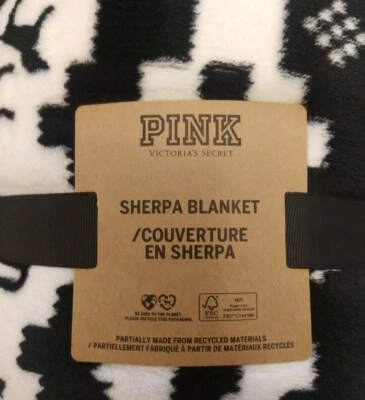 NEW Victoria's Secret Pink Sherpa Blanket Black and White Peace Sign 60 x 50 - Image 1 of 4