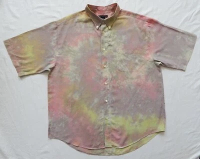Tie Dye Pink Purple Yellow Short Sleeve Button Up Shirt - XL Mens Hand Made - Image 1 of 4