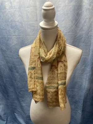 "Bufanda rectangular vintage de seda dorada beige diseño geométrico único 16x60""" Foto 1 de 4