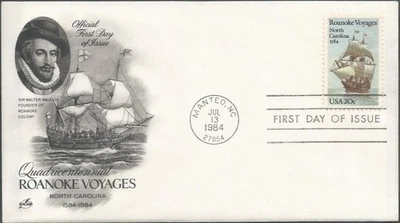 Scott 2093 FDC - 20 cent - 1984 - Roanoke Voyages - Sir Walter Raleigh - FDOI - Image 1 of 2