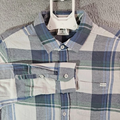 NUEVA Camisa Hurley Franela Hombres Pequeño Botón Algodón Orgánico Gris Rayas Foto 1 de 4