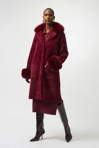 Joseph Ribkoff Feather Yarn and Faux Fur Coat 243923F25 in Merlot L - Picture 1 of 5