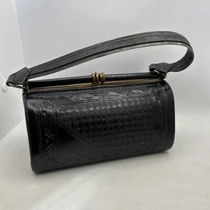 1930's Leather Tooled Purse Doctor Bag Black Rockabilly - Picture 1 of 17
