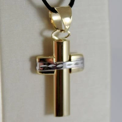 OURO BRANCO AMARELO 18K CRUZ QUADRADA ESTILIZADA FINAMENTE TRABALHADA 1,26 POL FEITA NA ITÁLIA - Imagem 1 de 4