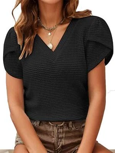 Damen Oberteil Waffelstrick Freizeit V-Ausschnitt T-Shirt süß Tulpe Blütenblatt Kurzarm Tee - Bild 1 von 10