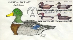 US #2138-2141 Duck decoys FDC1985 Hand-Painted Color cachet - Karen Sabinsky - Picture 1 of 2
