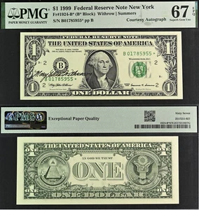 1999 $1 FRN New York PMG 67EPQ Top Pop Finest - Treasurer Withrow Autograph Star - Picture 1 of 4