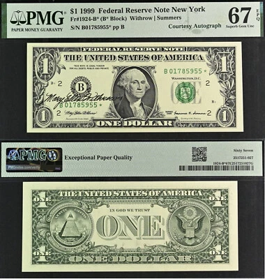 1999 $1 FRN New York PMG 67EPQ Top Pop Finest - Treasurer Withrow Autograph Star - Image 1 of 4