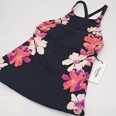 Camiseta Tankini Calvin Klein para Mujer XS Estampado Floral Cuello Alto Espalda Cruzada Negra Coral Foto 1 de 4