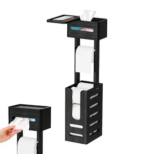 Toilet Paper Holder Stand Free Standing Shelf Black Bamboo With Storage Box - Picture 1 of 6