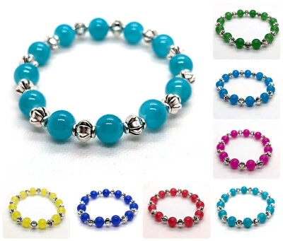 Pulsera elástica elástica elástica 10 colores plata tibetana 8 mm y jade 10 mm hecha a mano Foto 1 de 4