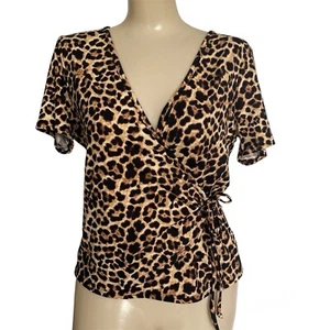 Damen Y2K Tier Leopardenmuster Faux Wickel Pullover Stretch Top Größe Large V-Ausschnitt - Bild 1 von 7