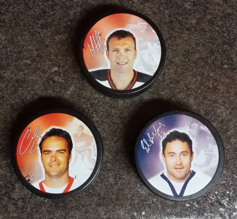 2003 Duracell NHL Goalie Puck Lot Of 3, Brodeur, Belfour, Joseph. Tough to Find Cover