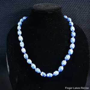 Hand Painted Chinese Porcelain Blue Shou Beads 25" Necklace - Picture 1 of 4
