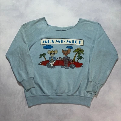 Vintage 80's Miami Mice Cartoon Crewneck Sweatshirt Faded Blue Miami Vice Parody - image 1 of 4