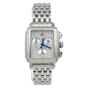 Ladies Michele 33mm Deco Stainless Steel Watch w/Diamond Dial & Diamond Bezel. - Picture 1 of 6